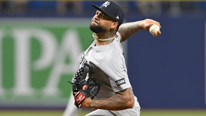 Apr 10, 2026; St. Petersburg, Florida, USA; New York Yankees pitcher Luis Gil (81) throws a pitch during the first inning against Tampa Bay Rays at Tropicana Field.