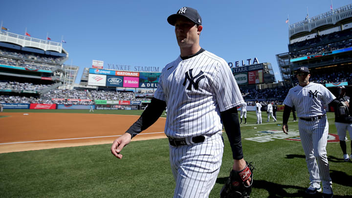 Mar 30, 2023; Bronx, New York, USA; New York Yankees starting pitcher Gerrit Cole (45) walks in from the bullpen for his opening day start before a game against the San Francisco Giants at Yankee Stadium. Mandatory Credit: Brad Penner-Imagn Images