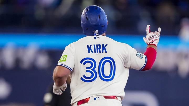 Mar 28, 2026; Toronto, Ontario, CAN; Toronto Blue Jays catcher Alejandro Kirk (30) celebrates hitting a home run against the Athletics during the ninth inning at Rogers Centre. Mar 28, 2026; Toronto, Ontario, CAN; Toronto Blue Jays catcher Alejandro Kirk (30) celebrates hitting a home run against the Athletics during the ninth inning at Rogers Centre.