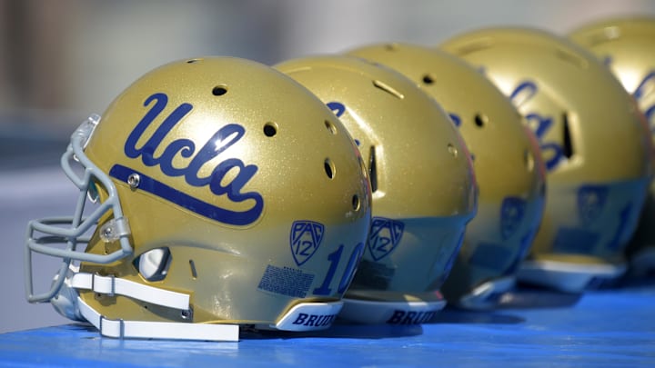 Oct 11, 2014; Pasadena, CA, USA; UCLA Bruins helmets during the game against the Oregon Ducks at Rose Bowl. Mandatory Credit: Kirby Lee-Imagn Images