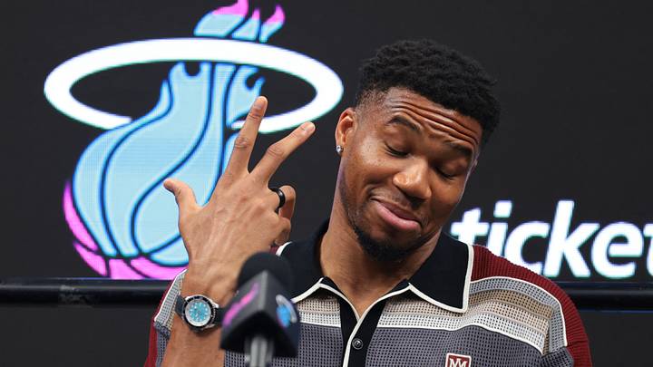 Miami Heat forward Giannis Antetokounmpo (7) reacts during his introductory press conference at Kaseya Center on Jul. 16, 2016