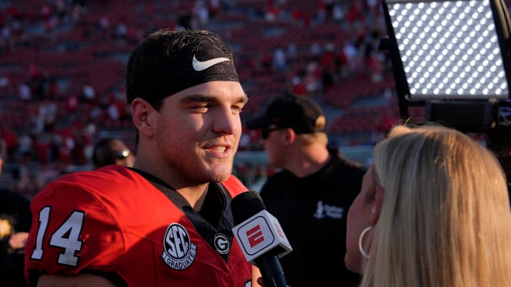 Georgia quarterback Gunner Stockton (14) speaks with the media after a NCAA college football game against Marshall in Athens, Ga., on Saturday, August. 30, 2025. Georgia won 45-7. Georgia quarterback Gunner Stockton (14) speaks with the media after a NCAA college football game against Marshall in Athens, Ga., on Saturday, August. 30, 2025. Georgia won 45-7.