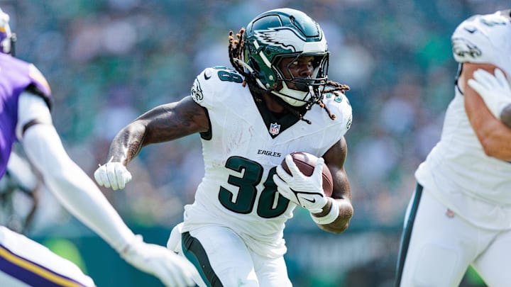 Aug 24, 2024; Philadelphia, Pennsylvania, USA; Philadelphia Eagles running back Lew Nichols (38) runs the ball against the Minnesota Vikings during the fourth quarter at Lincoln Financial Field.