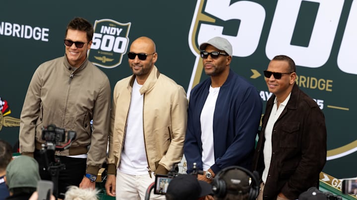 Indianapolis, Indiana, USA; (From left) Tom Brady, Derek Jeter, Michael Strahan and Alex Rodriguez pose for a photo prior to the IndyCar Series 109th running of the Indianapolis 500 at Indianapolis Motor Speedway. Indianapolis, Indiana, USA; (From left) Tom Brady, Derek Jeter, Michael Strahan and Alex Rodriguez pose for a photo prior to the IndyCar Series 109th running of the Indianapolis 500 at Indianapolis Motor Speedway.