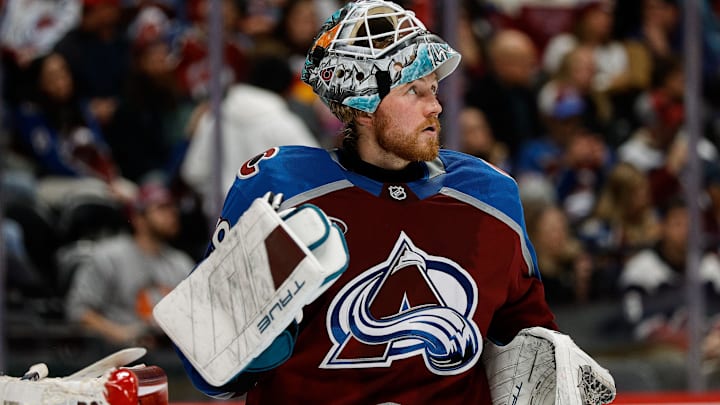 Dec 22, 2024; Denver, Colorado, USA; Colorado Avalanche goaltender Mackenzie Blackwood (39) before the start of the third period against the Seattle Kraken at Ball Arena. Mandatory Credit: Isaiah J. Downing-Imagn Images