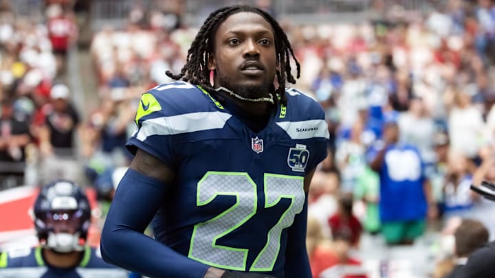 Sep 25, 2025; Glendale, Arizona, USA; Seattle Seahawks cornerback Riq Woolen (27) against the Arizona Cardinals at State Farm Stadium. Sep 25, 2025; Glendale, Arizona, USA; Seattle Seahawks cornerback Riq Woolen (27) against the Arizona Cardinals at State Farm Stadium.