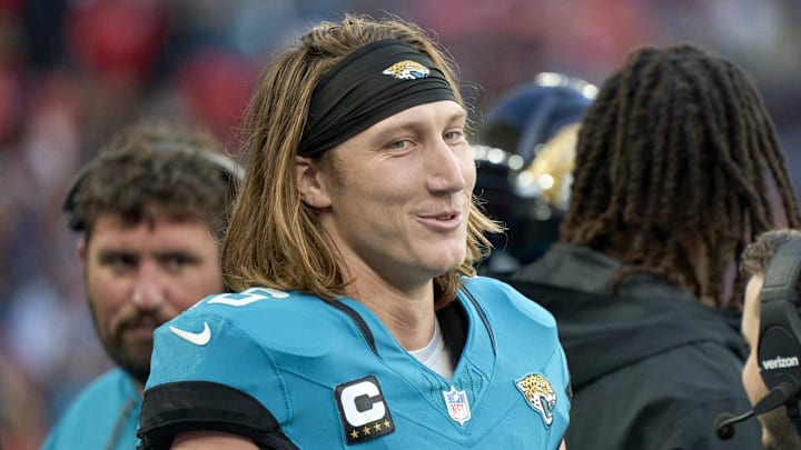Oct 20, 2024; London, United Kingdom; Jacksonville Jaguars quarterback Trevor Lawrence (16) smiles in the second half during an NFL International Series game at Wembley Stadium. Mandatory Credit: Peter van den Berg-Imagn Images