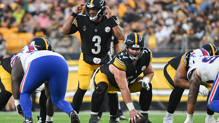 Aug 17, 2024; Pittsburgh, Pennsylvania, USA;  Pittsburgh Steelers quarterback Russell Wilson (3) calls out a coverage while waiting for center Zach Frazier (54) to snap the ball against the Buffalo Bills during the first quarter at Acrisure Stadium. Mandatory Credit: Barry Reeger-Imagn Images