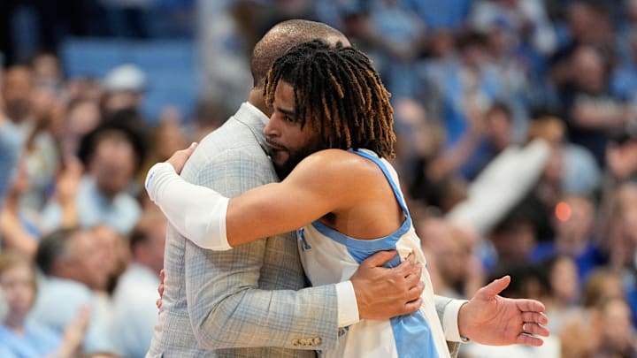 UNC basketball head coach Hubert Davis and guard RJ Davis UNC basketball head coach Hubert Davis and guard RJ Davis
