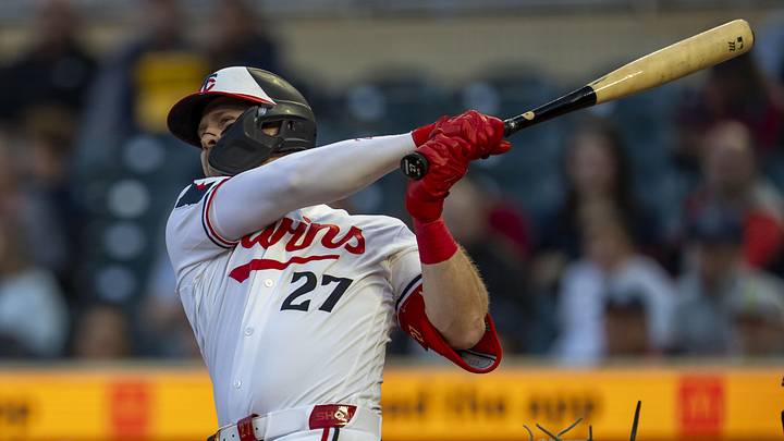 Minnesota Twins catcher Ryan Jeffers (27) hits a two run home run against the Miami Marlins in the fifth inning at Target Field. Mandatory Credit: Jesse Johnson-Imagn Images