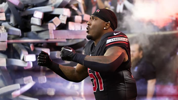 Nov 26, 2023; Glendale, Arizona, USA; Arizona Cardinals linebacker Krys Barnes (51) against the Los Angeles Rams at State Farm Stadium. Mandatory Credit: Mark J. Rebilas-Imagn Images