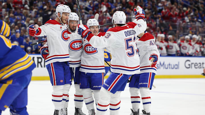 May 14, 2026; Buffalo, New York, USA; Montréal Canadiens right wing Cole Caufield (13) celebrates his goal with teammates during the first period against the Buffalo Sabres in game five of the second round of the 2026 Stanley Cup Playoffs at KeyBank Center. Mandatory Credit: Timothy T. Ludwig-Imagn Images