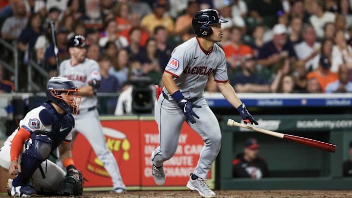 Jul 7, 2025; Houston, Texas, USA; Cleveland Guardians left fielder Steven Kwan (38) hits a RBI line drive off of Houston Astros starting pitcher Colton Gordon (not pictured) head  in the fifth inning at Daikin Park. Mandatory Credit: Thomas Shea-Imagn Images