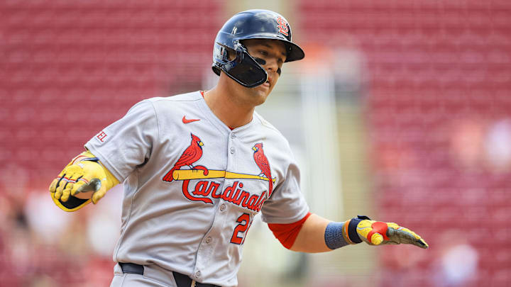 Apr 30, 2025; Cincinnati, Ohio, USA; St. Louis Cardinals outfielder Lars Nootbaar (21) runs the bases after hitting a solo home run in the ninth inning against the Cincinnati Reds at Great American Ball Park. Mandatory Credit: Katie Stratman-Imagn Images