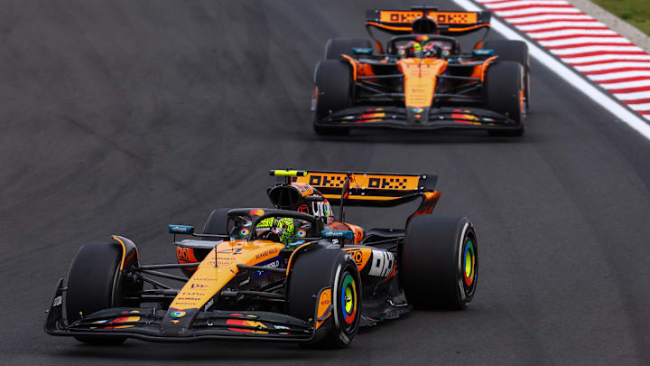 Lando Norris leads McLaren teammate Oscar Piastri at the 2025 Hungarian Grand Prix, Hungaroring, Budapest.