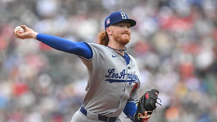 Jul 27, 2025; Boston, Massachusetts, USA; Los Angeles Dodgers starting pitcher Dustin May (85) pitches against the Boston Red Sox during the first inning at Fenway Park. Mandatory Credit: Brian Fluharty-Imagn Images
