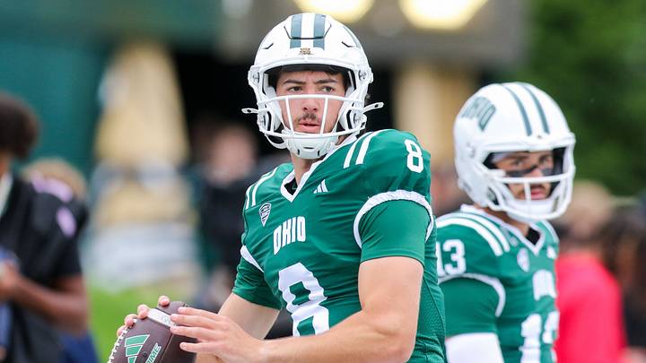 Sep 6, 2025; Athens, Ohio, USA; Ohio Bobcats quarterback Nick Poulos (8) warms up prior to their game against the West Virginia Mountaineers at Peden Stadium. Mandatory Credit: Ben Queen-Imagn Images Sep 6, 2025; Athens, Ohio, USA; Ohio Bobcats quarterback Nick Poulos (8) warms up prior to their game against the West Virginia Mountaineers at Peden Stadium. Mandatory Credit: Ben Queen-Imagn Images
