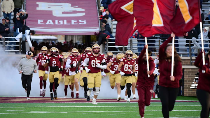 Nov 15, 2025; Chestnut Hill, Massachusetts, USA; The Boston College Eagles take the field prior to a game against Georgia Tech Yellow Jackets at Alumni Stadium. Mandatory Credit: Bob DeChiara-Imagn Images Nov 15, 2025; Chestnut Hill, Massachusetts, USA; The Boston College Eagles take the field prior to a game against Georgia Tech Yellow Jackets at Alumni Stadium. Mandatory Credit: Bob DeChiara-Imagn Images