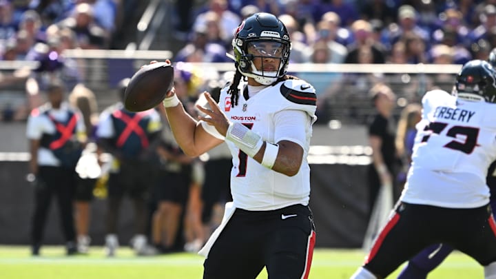 Oct 5, 2025; Baltimore, Maryland, USA; Houston Texans quarterback C.J. Stroud (7) throws during the second quarter against the Baltimore Ravens at M&T Bank Stadium. Mandatory Credit: Rafael Suanes-Imagn Images