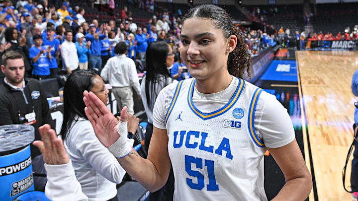 Mar 28, 2025; Spokane, WA, USA; UCLA Bruins center Lauren Betts (51) walks off the court during a Sweet 16 NCAA Tournament basketball game against the Ole Miss Rebels at Spokane Arena. at Spokane Arena. Mandatory Credit: James Snook-Imagn Images