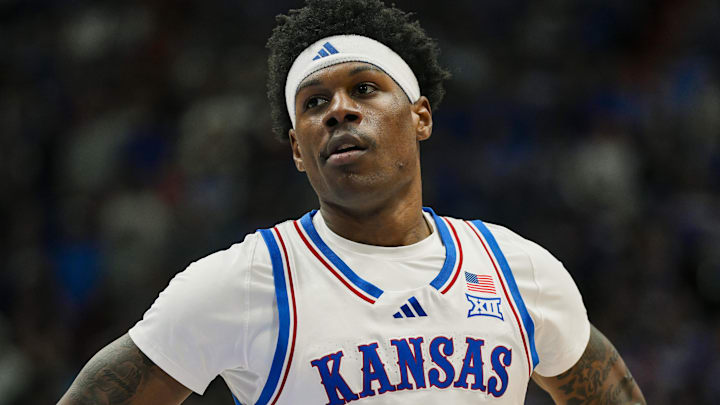 Feb 3, 2025; Lawrence, Kansas, USA; Kansas Jayhawks guard AJ Storr (2) reacts during the second half against the Iowa State Cyclones at Allen Fieldhouse. Mandatory Credit: Jay Biggerstaff-Imagn Images Feb 3, 2025; Lawrence, Kansas, USA; Kansas Jayhawks guard AJ Storr (2) reacts during the second half against the Iowa State Cyclones at Allen Fieldhouse. Mandatory Credit: Jay Biggerstaff-Imagn Images