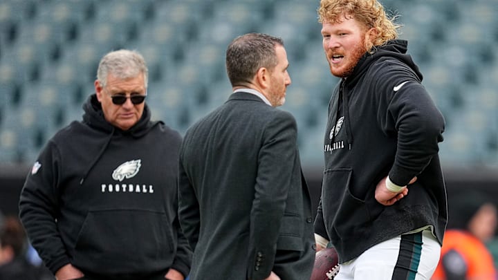 Jeff Stoutland (L), Howie Roseman (C), Cam Jurgens (R), Philadelphia Eagles