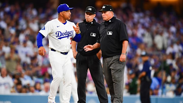 Jun 17, 2025; Los Angeles, California, USA; Los Angeles Dodgers manager Dave Roberts (30) argues with umpires during the third inning against the San Diego Padres at Dodger Stadium. Mandatory Credit: Gary A. Vasquez-Imagn Images Jun 17, 2025; Los Angeles, California, USA; Los Angeles Dodgers manager Dave Roberts (30) argues with umpires during the third inning against the San Diego Padres at Dodger Stadium. Mandatory Credit: Gary A. Vasquez-Imagn Images