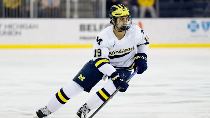 Mar 7, 2025; Ann Arbor, MI, USA;  Michigan Wolverines forward Michael Hage (19) skates against Penn State  during a Big Ten Tournament quarter final game at Yost Arena. Mandatory Credit: Rick Osentoski-Imagn Images