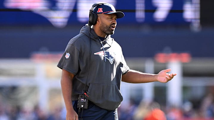 Oct 27, 2024; Foxborough, Massachusetts, USA; New England Patriots head coach Jerod Mayo calls a play against the New York Jets during the first half at Gillette Stadium.