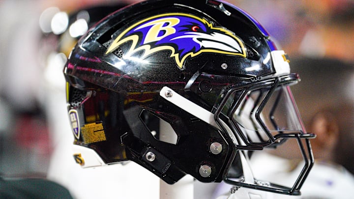 Sep 5, 2024; Kansas City, Missouri, USA; A general view of a Baltimore Ravens helmet against the Kansas City Chiefs during the first half at GEHA Field at Arrowhead Stadium. Mandatory Credit: Denny Medley-Imagn Images