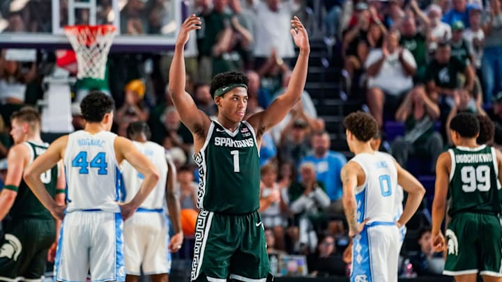 Michigan State Spartans guard Jeremy Fears Jr. (1) hypes up the crowd during the second half of the Fort Myers Tip-Off Beach Division game against the North Carolina Tar Heels at Suncoast Credit Union Arena on Fort Myers, Fla., on Thursday, Nov. 27, 2025.