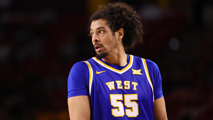 Jan 21, 2026; Tempe, Arizona, USA; West Virginia Mountaineers center Harlan Obioha (55) against the Arizona State Sun Devils at Desert Financial Arena. Mandatory Credit: Mark J. Rebilas-Imagn Images