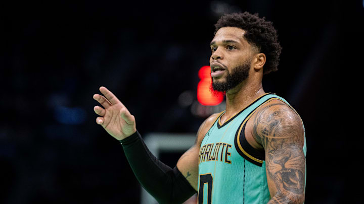 Jan 25, 2025; Charlotte, North Carolina, USA; Charlotte Hornets forward Miles Bridges (0) reacts during the third quarter against the New Orleans Pelicans at Spectrum Center. Mandatory Credit: Scott Kinser-Imagn Images