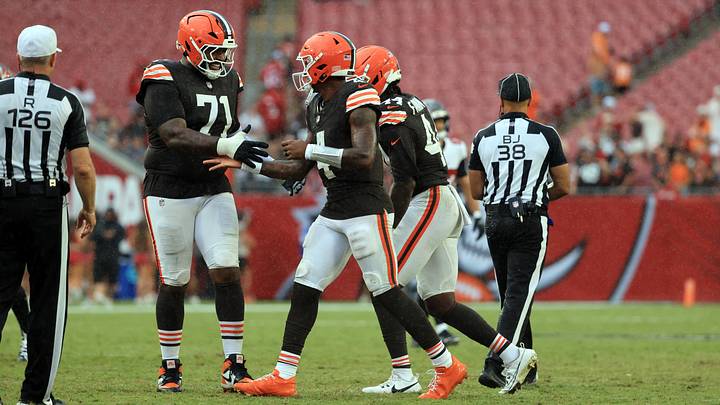 Sep 20, 2026; Tampa, Florida, USA; Cleveland Browns quarterback Deshaun Watson (4) and offensive tackle Tytus Howard (71) celebrate as they beat the Tampa Bay Buccaneers during the second half at Raymond James Stadium. Mandatory Credit: Kim Klement Neitzel-Imagn Images Sep 20, 2026; Tampa, Florida, USA; Cleveland Browns quarterback Deshaun Watson (4) and offensive tackle Tytus Howard (71) celebrate as they beat the Tampa Bay Buccaneers during the second half at Raymond James Stadium. Mandatory Credit: Kim Klement Neitzel-Imagn Images