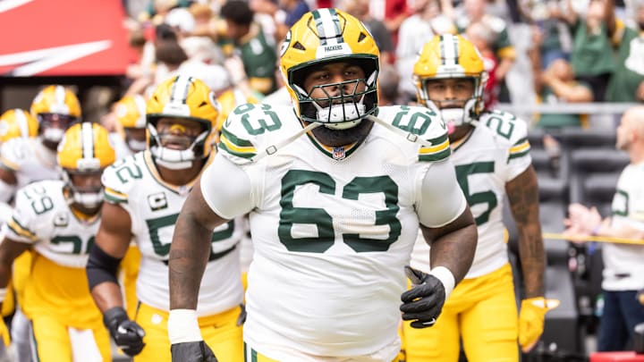 Oct 19, 2025; Glendale, Arizona, USA; Green Bay Packers tackle Rasheed Walker (63) against the Arizona Cardinals at State Farm Stadium. Mandatory Credit: Mark J. Rebilas-Imagn Images