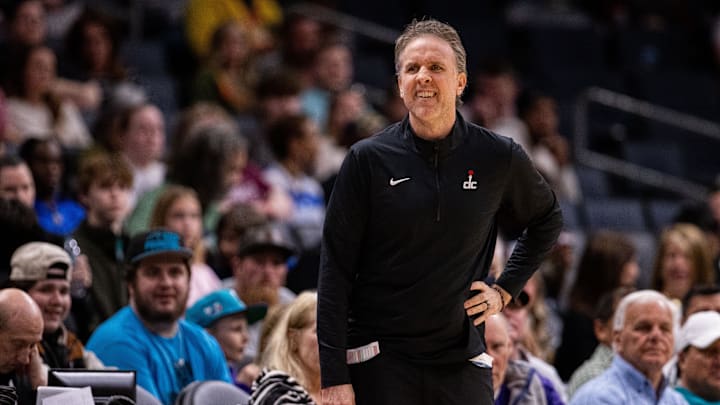 Mar 1, 2025; Charlotte, North Carolina, USA; Washington Wizards head coach Brian Keefe looks on during the second quarter against the Charlotte Hornets at Spectrum Center. Mandatory Credit: Scott Kinser-Imagn Images