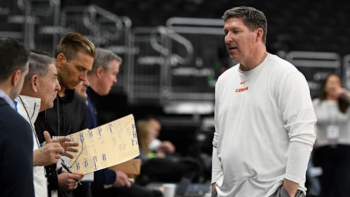 Mar 19, 2025; Providence, RI, USA; Clemson Tigers head coach Brad Brownell speaks to the media during a practice session at Amica Mutual Pavilion. Mandatory Credit: Eric Canha-Imagn Images