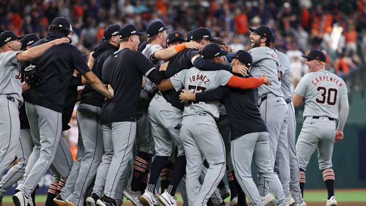 Oct 2, 2024; Houston, Texas, USA; Members of the Detroit Tigers celebrate after defeating the Houston Astros in game two of the Wildcard round for the 2024 MLB Playoffs at Minute Maid Park. Oct 2, 2024; Houston, Texas, USA; Members of the Detroit Tigers celebrate after defeating the Houston Astros in game two of the Wildcard round for the 2024 MLB Playoffs at Minute Maid Park.