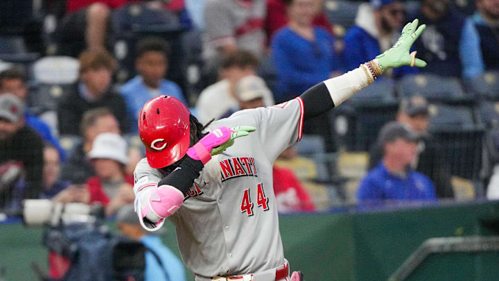 May 27, 2025; Kansas City, Missouri, USA; Cincinnati Reds shortstop Elly De La Cruz (44) celebrates while running the bases after hitting a solo home run against the Kansas City Royals in the sixth inning at Kauffman Stadium. Mandatory Credit: Denny Medley-Imagn Images May 27, 2025; Kansas City, Missouri, USA; Cincinnati Reds shortstop Elly De La Cruz (44) celebrates while running the bases after hitting a solo home run against the Kansas City Royals in the sixth inning at Kauffman Stadium. Mandatory Credit: Denny Medley-Imagn Images
