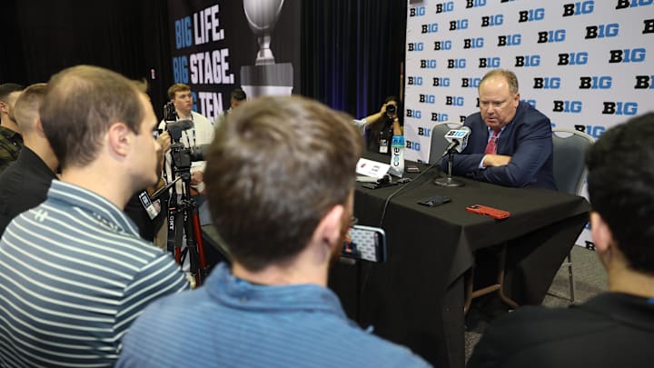Oct 9, 2025; Rosemont, IL, USA; Wisconsin head coach Greg Gard takes questions from reporters during Big Ten Men’s Basketball Media Days at the Donald E. Stephens Convention Center. Mandatory Credit: Talia Sprague-Imagn Images