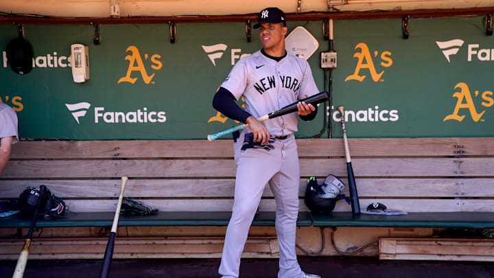 Sep 22, 2024; Oakland, California, USA; New York Yankees right fielder Juan Soto (22) stands in the dugout before the start of the game against the Oakland Athletics at the Oakland-Alameda County Coliseum. Mandatory Credit: Cary Edmondson-Imagn Images