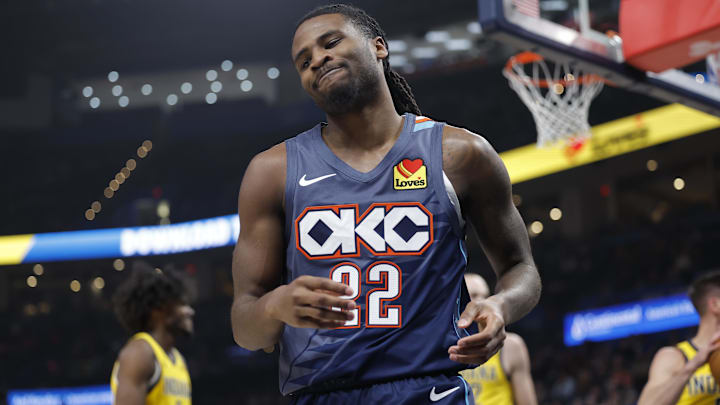 Jan 23, 2026; Oklahoma City, Oklahoma, USA; Oklahoma City Thunder guard Cason Wallace (22) reacts after a play against the Indiana Pacers during the second quarter at Paycom Center. Mandatory Credit: Alonzo Adams-Imagn Images Jan 23, 2026; Oklahoma City, Oklahoma, USA; Oklahoma City Thunder guard Cason Wallace (22) reacts after a play against the Indiana Pacers during the second quarter at Paycom Center. Mandatory Credit: Alonzo Adams-Imagn Images