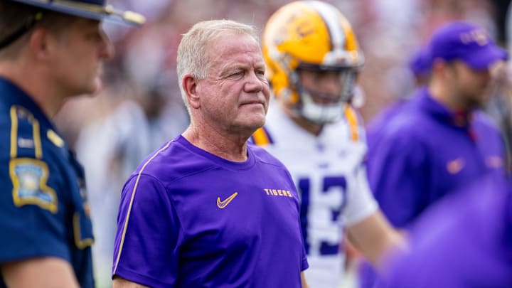 Sep 14, 2024; Columbia, South Carolina, USA; LSU Tigers head coach Brian Kelly walks off the field after warms against the South Carolina Gamecocks at Williams-Brice Stadium. Mandatory Credit: Scott Kinser-Imagn Images