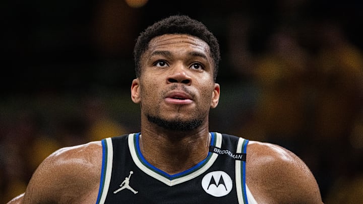 Apr 29, 2025; Indianapolis, Indiana, USA; Milwaukee Bucks forward Giannis Antetokounmpo (34) during game five of the first round for the 2024 NBA Playoffs against the Indiana Pacers at Gainbridge Fieldhouse. Mandatory Credit: Trevor Ruszkowski-Imagn Images