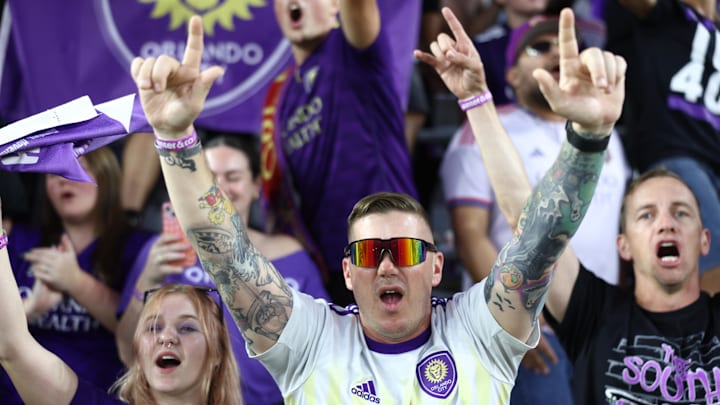 Nov 24, 2024; Orlando, Florida, USA; Orlando City fans cheer following a win over Atlanta United in a 2024 MLS Cup conference semifinal match at Inter&Co Stadium. Mandatory Credit: Nathan Ray Seebeck-Imagn Images