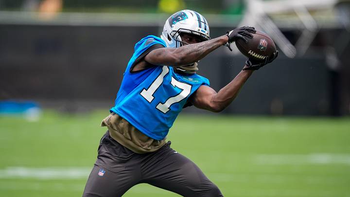 Jun 9, 2026; Charlotte, NC, USA; Carolina Panthers wide receiver Xavier Legette (17) reaches for the catch during the first day of mini camp at Bank of America Stadium practice facility. Mandatory Credit: Jim Dedmon-Imagn Images Jun 9, 2026; Charlotte, NC, USA; Carolina Panthers wide receiver Xavier Legette (17) reaches for the catch during the first day of mini camp at Bank of America Stadium practice facility. Mandatory Credit: Jim Dedmon-Imagn Images