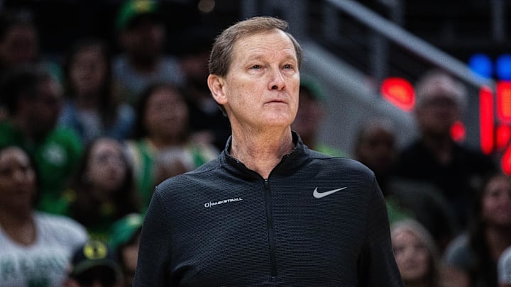 Mar 14, 2025; Indianapolis, IN, USA; Oregon Ducks head coach Dana Altman in the first half against the Michigan State Spartans at Gainbridge Fieldhouse. Mandatory Credit: Trevor Ruszkowski-Imagn Images