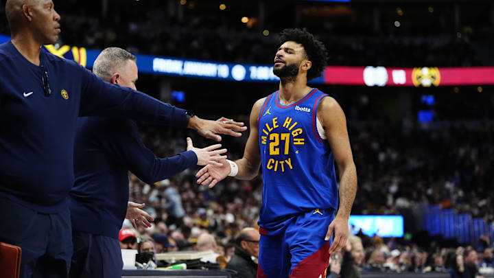 Jan 8, 2025; Denver, Colorado, USA; Denver Nuggets guard Jamal Murray (27) reacts in the second quarter against the LA Clippers at Ball Arena. Mandatory Credit: Ron Chenoy-Imagn Images