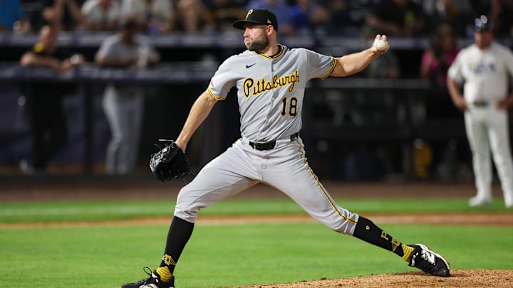 Mar 31, 2025; St. Petersburg, Florida, USA; Pittsburgh Pirates pitcher Tim Mayza (18) throws a pitch against the Tampa Bay Rays in the fifth inning at George M. Steinbrenner Field. Mandatory Credit: Nathan Ray Seebeck-Imagn Images