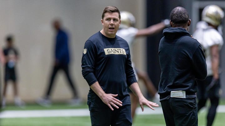 May 10, 2025; New Orleans, LA, USA;  New Orleans Saints head coach Kellen Moore during rookie minicamp at Ochsner Sports Performance Center. Mandatory Credit: Stephen Lew-Imagn Images